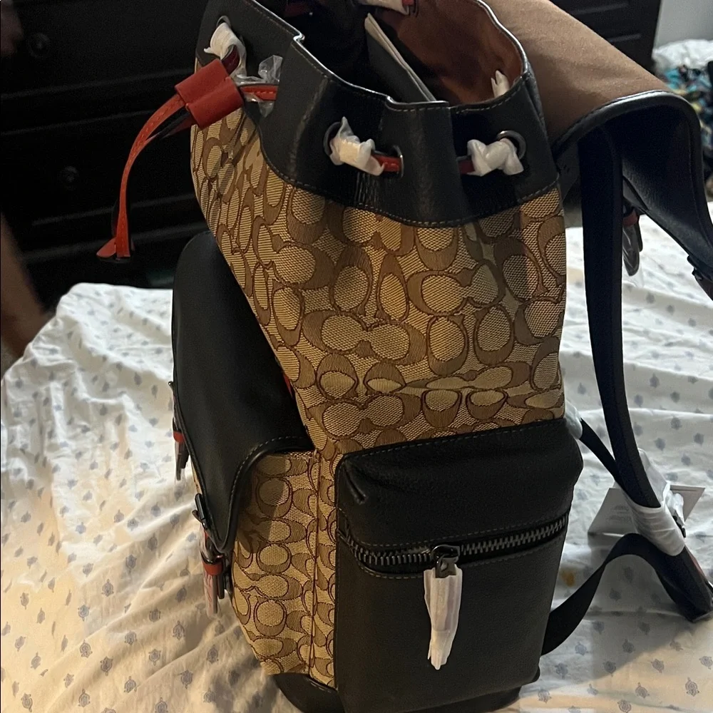 Coach Men's Tan and Black Backpack with Red Accents - Picture 5 of 5